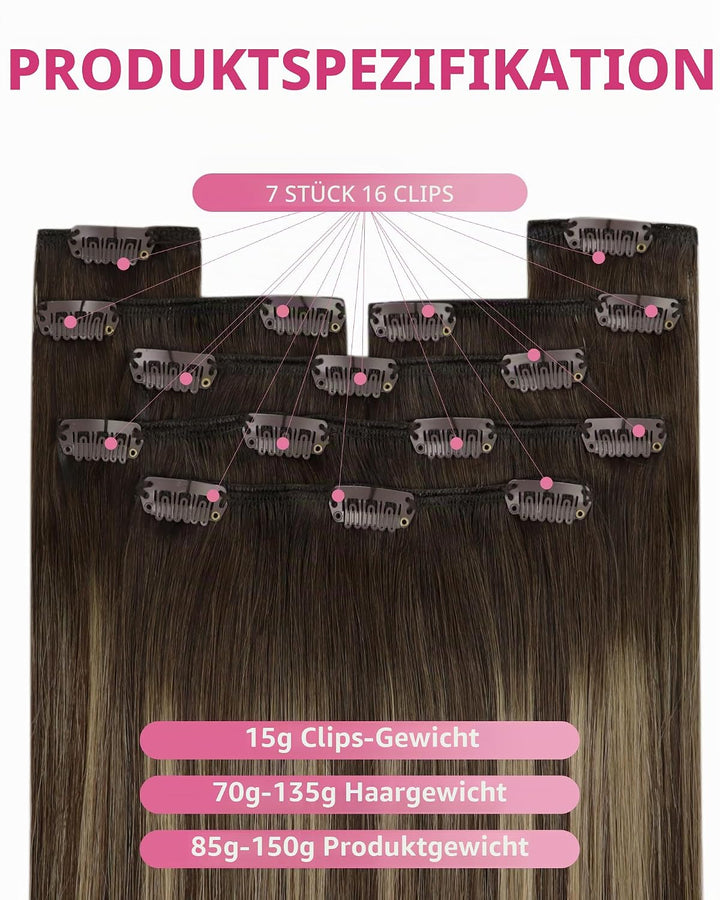 YoungSee Clip in Extensions Echthaar Ombre 30cm Echthaar Extensions Clip Dunkelbraun Balayage Karame