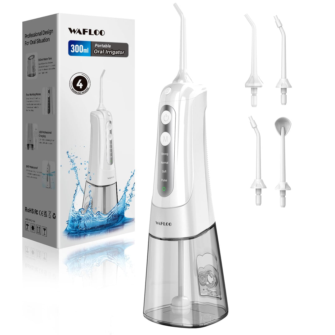 Munddusche Kabellos Elektrisch, Tragbarer Water Flosser mit 5 Modi & 4 Jet-Düsen, 300ML Wassertank,