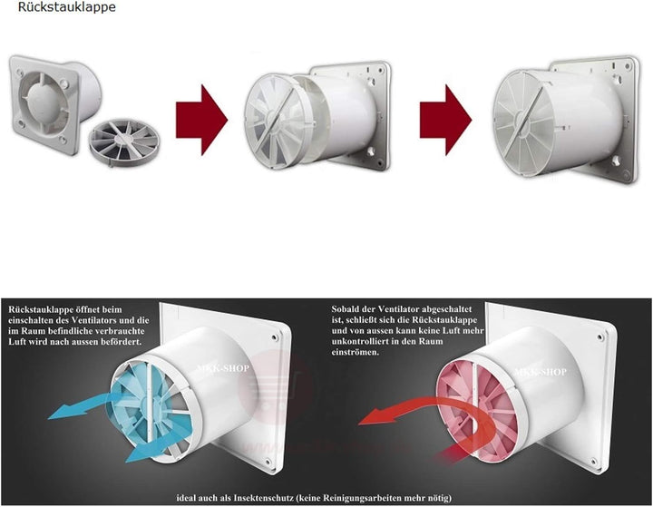 VONLIS Badlüfter Badventilator Lüfter Bad Ventilator Einbautiefe 50 mm kurz Ø 100 mm Standard ja, St