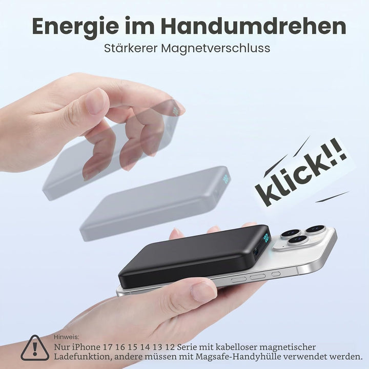 Magnetische Powerbank 10800mAh, PD 20W Schnellladung Wireless Power Bank mit USB-C Eingänge & Ausgan