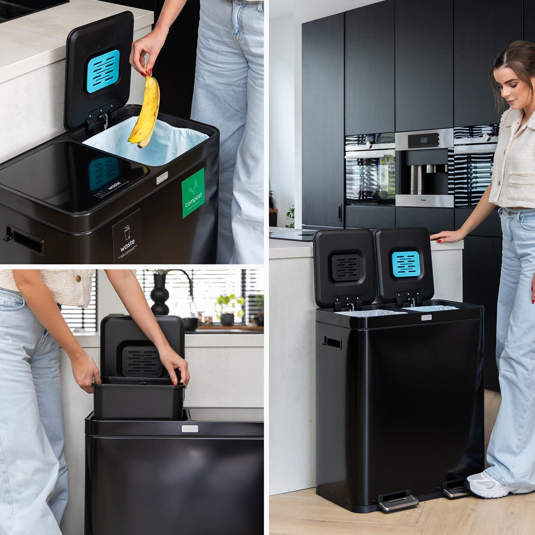 Mülleimer Küche 2 Fächer 60L - Doppelmülleimer mit FreshAura Geruchsfilter - Duo Slow Close Tretmüll