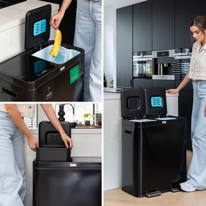 Mülleimer Küche 2 Fächer 60L - Doppelmülleimer mit FreshAura Geruchsfilter - Duo Slow Close Tretmüll