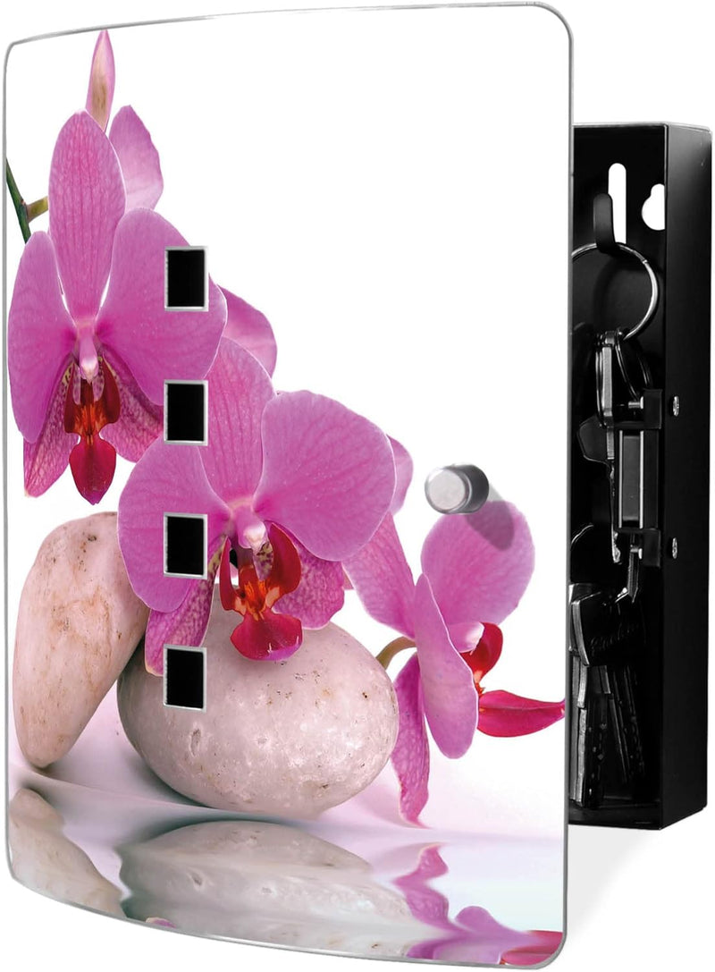 banjado® Design Schlüsselkasten aus Edelstahl mit Motiv Orchidee für 10 Schlüssel - Schlüsselschrank