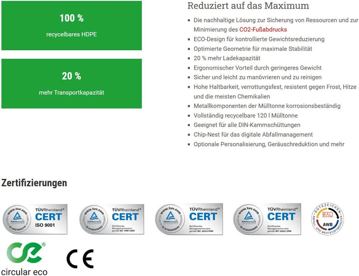 Sulo 120 Liter Müllbehälter Mülltonne Abfalltonne | Grau | Für alle DIN-Kammschüttungen |Made in DE|