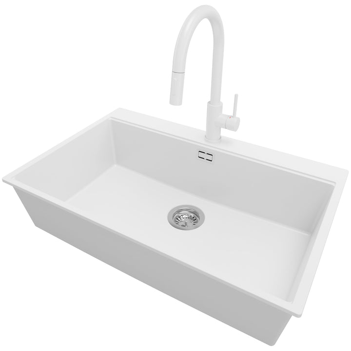 PRIMAGRAN Granitspüle Weiss 78x50cm, Spülbecken 1 Becken + Ablauf-Set + Küchenarmatur 40x22cm, Küche