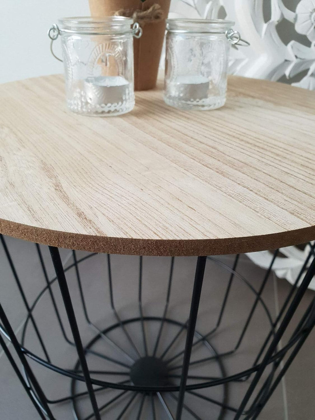 Meinposten Beistelltisch Nachttisch Tisch Korb mit Stauraum Couchtisch Metall Korb schwarz Holz Deck