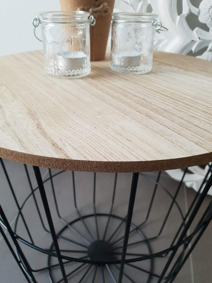 Meinposten Beistelltisch Nachttisch Tisch Korb mit Stauraum Couchtisch Metall Korb schwarz Holz Deck