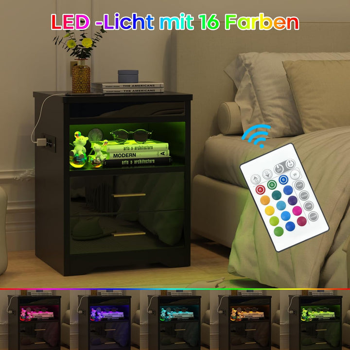 PIPIPOXER 2er Set Nachttisch mit Steckdose &amp; USB &amp; abschliessbar, Nachttisch mit LED Nachtkommode mi