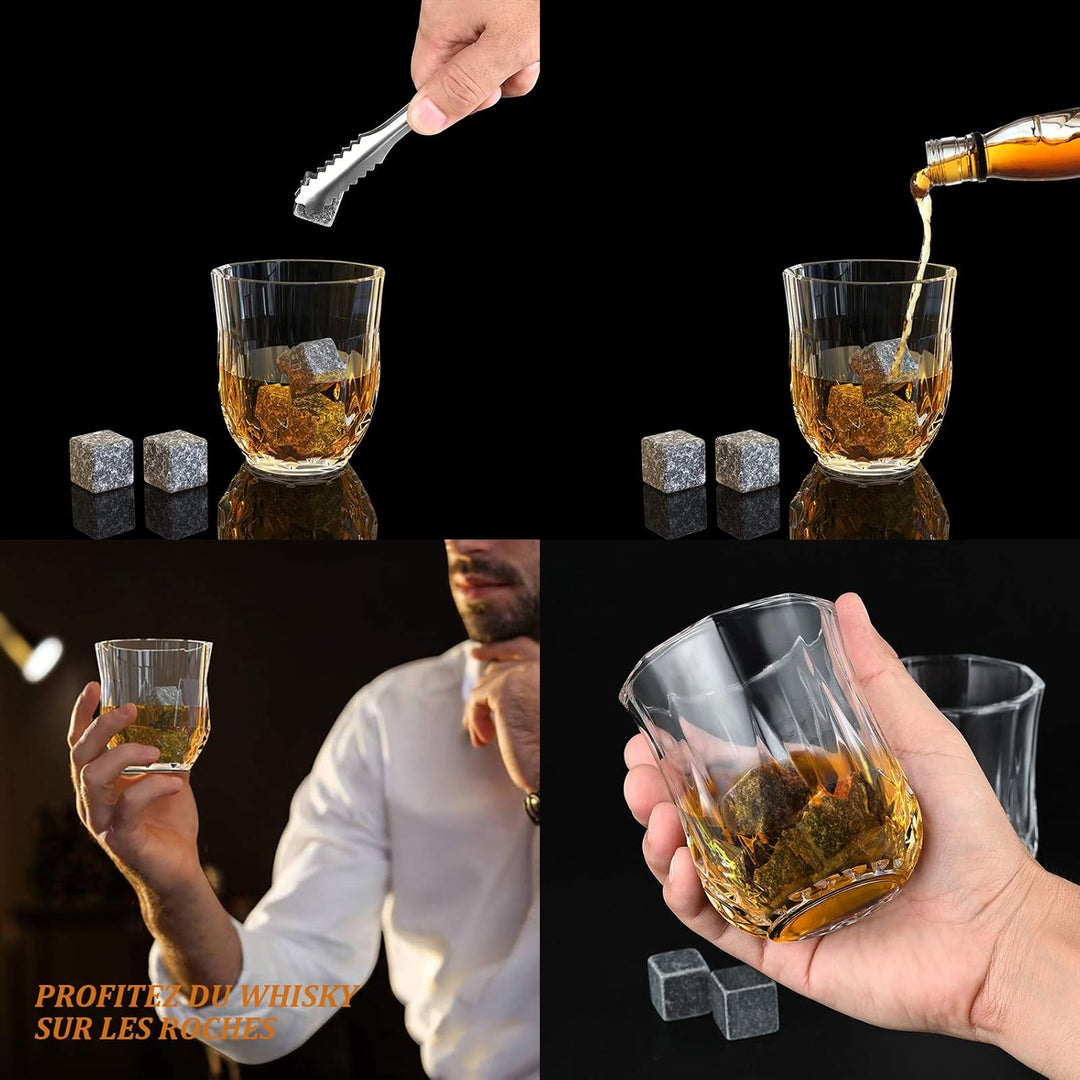Goldge Whisky-Geschenk-Set, 8 Kühlsteine aus schwarzem Granit, FDA-Vite Kühlung, 2 Whiskygläser &amp; Ba