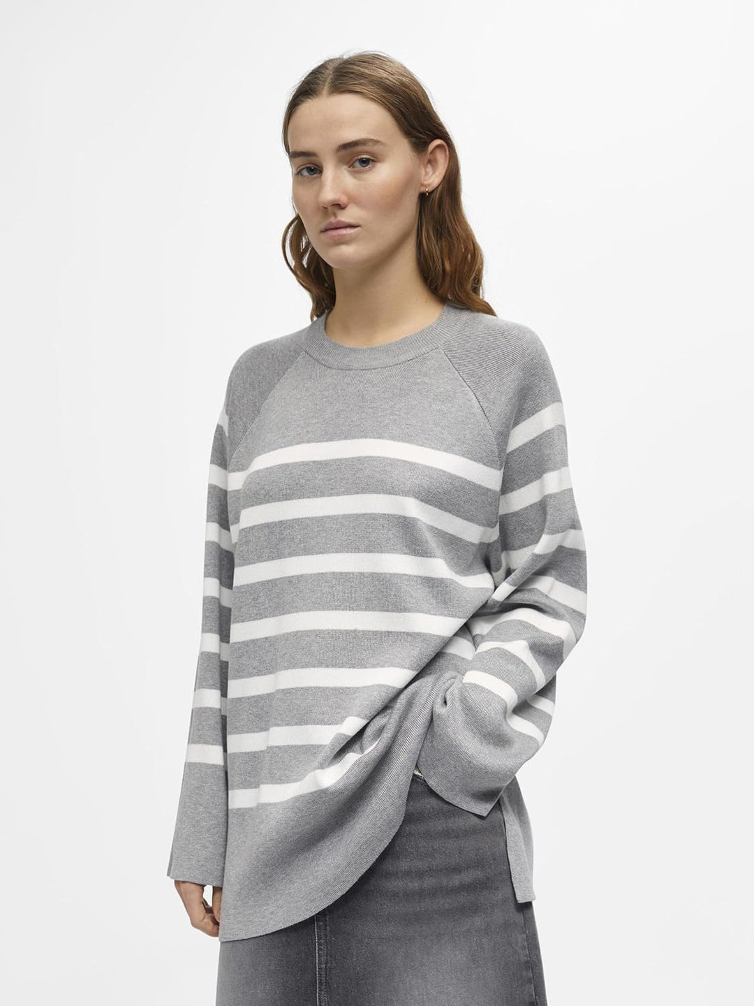 Object Damen Objester Ls Knit Top Noos Pullover L Light Grey Melange/Stripes:cloud Dancer, L Light G