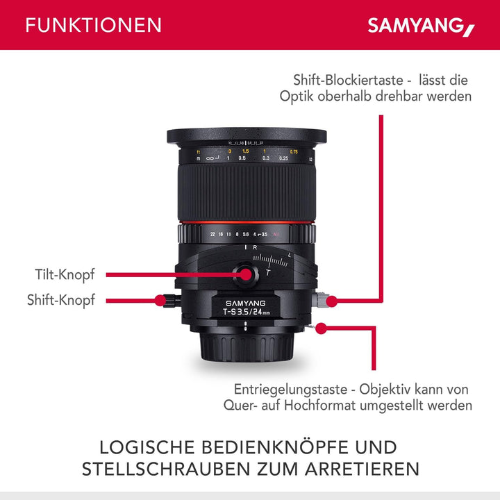 Samyang MF 24mm F3,5 T/S für Sony E - Tilt Shift Vollformat & APS-C Weitwinkel Objektiv, manueller F