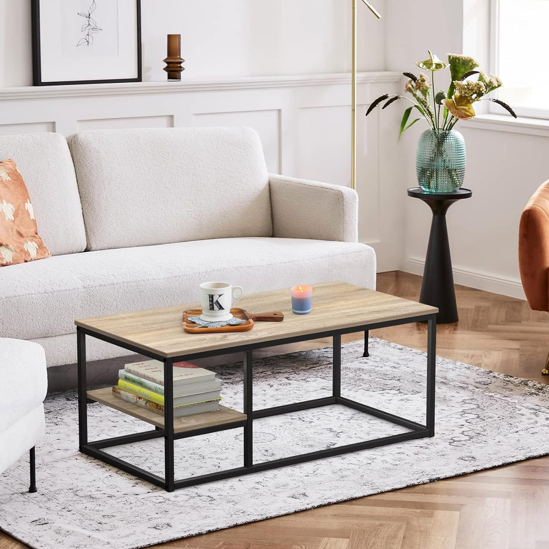 VOWNER Couchtisch, Wohnzimmertisch, Couchtisch mit Stahlgestell und Ablagen, Industrie-Design, Skand