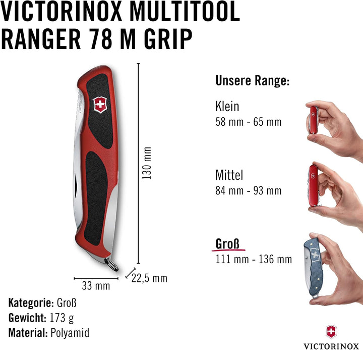 Victorinox Taschenmesser Ranger Grip 78 (12 Funktionen, Einhand-Feststellklinge) rot/schwarz Single,