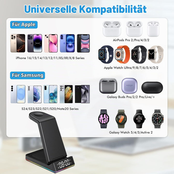 5 in 1 Ladestation Apple Watch und iPhone, Wireless Charger Induktive Ladestation iPhone mit Uhr LED