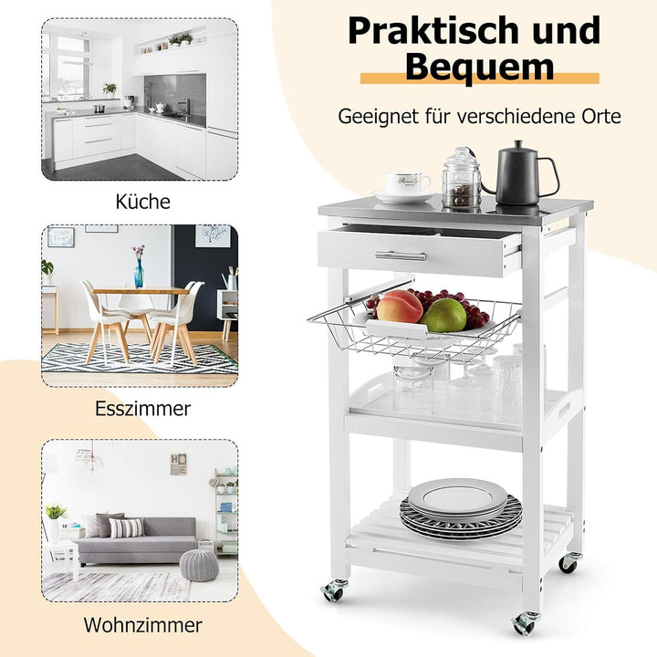 GOPLUS Servierwagen auf Rollen, Rollwagen mit Stahl-Arbeitsplatte, Küchenwagen mit Schublade &amp; Ablag