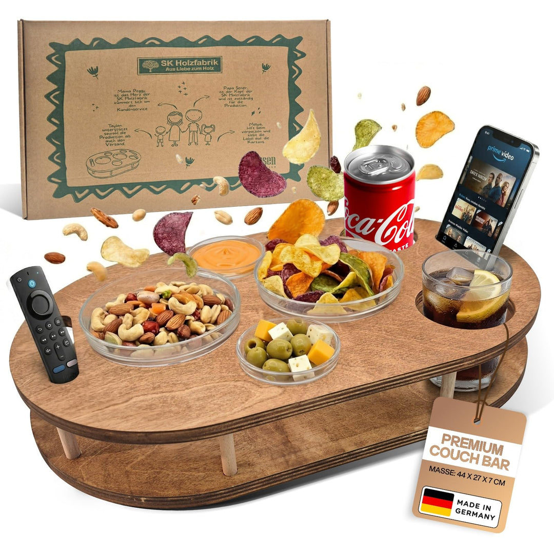 Couchbar Snackbox mit 4 Glasschalen - Sofabar für Snacks und Getränke - Couchtabletts mit Getränkeha