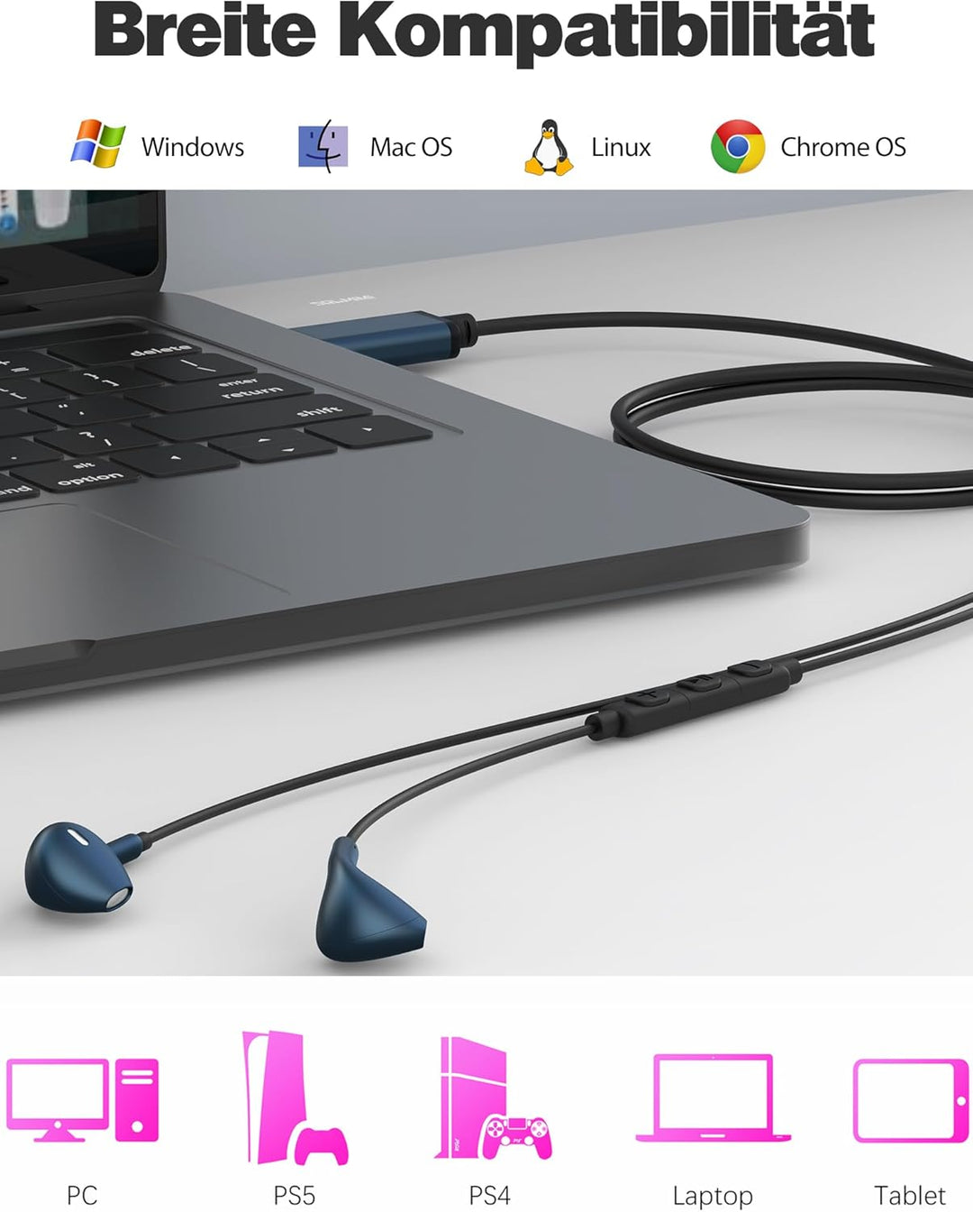 SOLMIMI USB In Ear PC Headset mit eingebautem Mikrofon Lautstärkeregler USB Kabelgebundener Gaming K