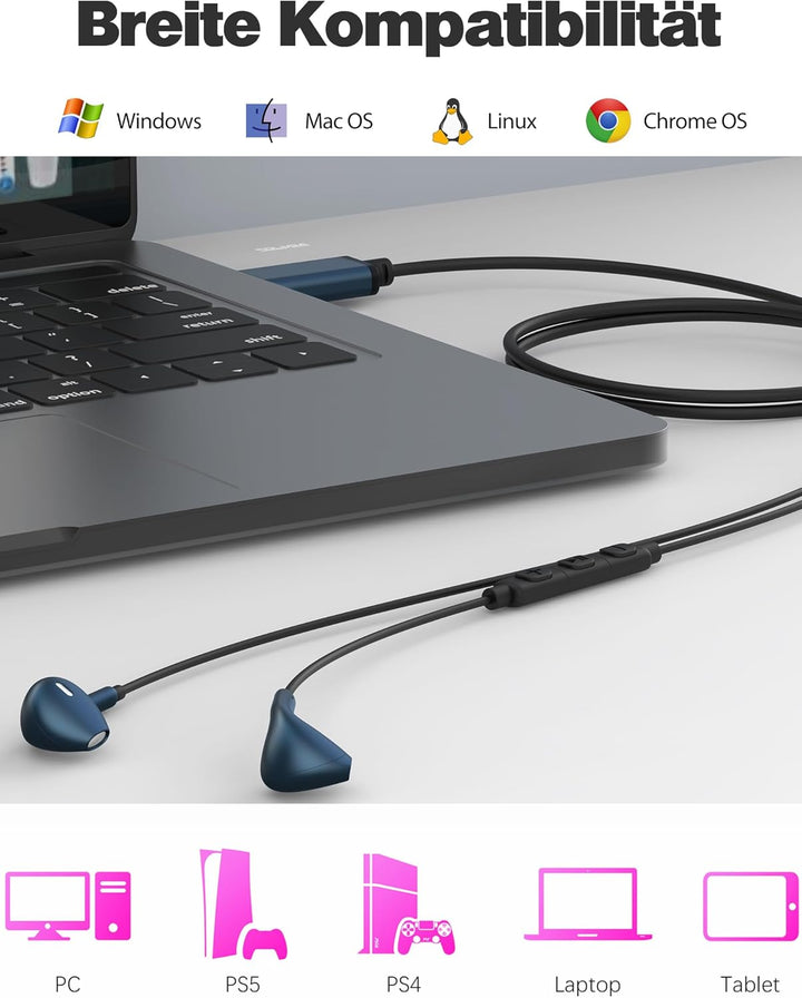 SOLMIMI USB In Ear PC Headset mit eingebautem Mikrofon Lautstärkeregler USB Kabelgebundener Gaming K