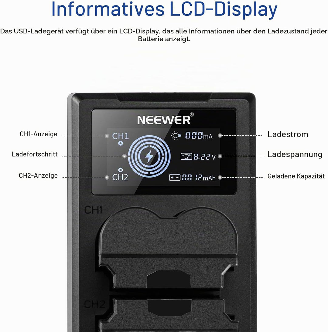 NEEWER NP-W235 Kamera Akkuladegerät Set, Doppel Steckplatz USB Ladegerät mit LCD, 2er Pack 2400mAh E