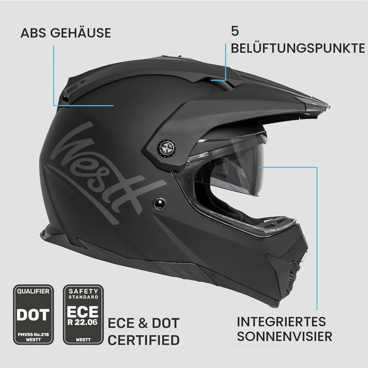 Westt Motocross Fullface MTB Helm Motorradhelm Herren Damen mit Doppelvisier Integralhelm Cross Moto