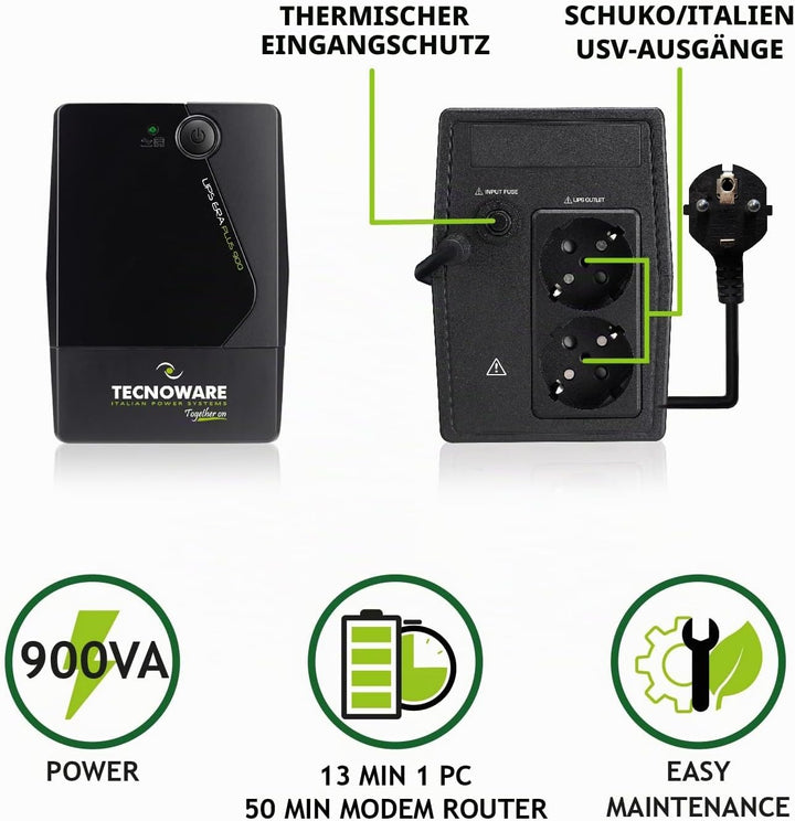 Tecnoware Power Systems - UPS ERA PLUS 900, 900 VA, Schutz vor Stromausfällen und Spannungsspitzen,