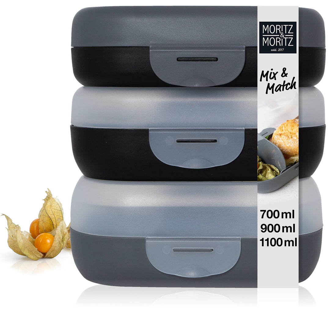 Moritz & Moritz 3x Brotdose mit Fächern - Lunchbox in drei Grössen 700ml, 900ml, 1100ml - Dezente Br
