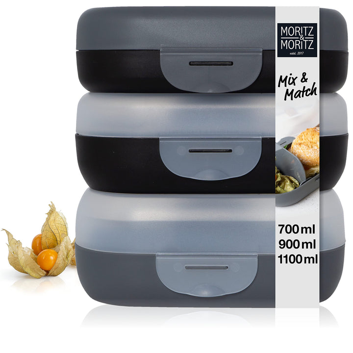 Moritz & Moritz 3x Brotdose mit Fächern - Lunchbox in drei Grössen 700ml, 900ml, 1100ml - Dezente Br
