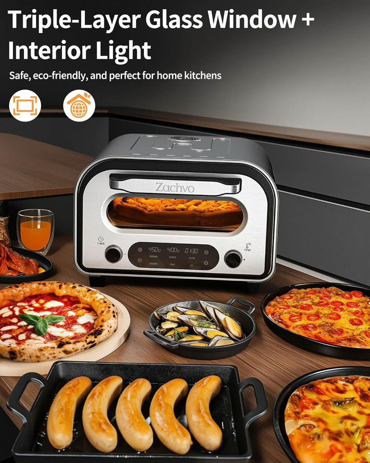 ZACHVO Elektrischer Pizzaofen - bis 450℃, 5 voreingestellte Pizzaarten, 1-60 Min Timer, Touchscreen