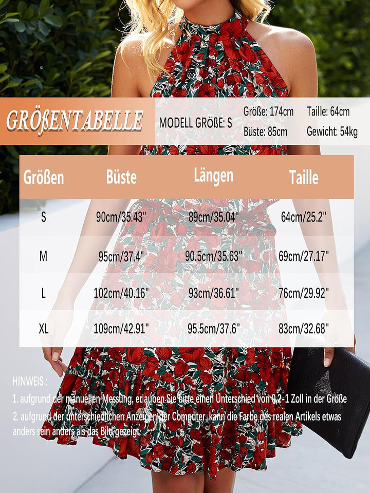 Damen Blumen Kurz Sommerkleid Ärmellos Halter Neck Strandkleid Rüsche Sommer Boho Kleider mit Gürtel