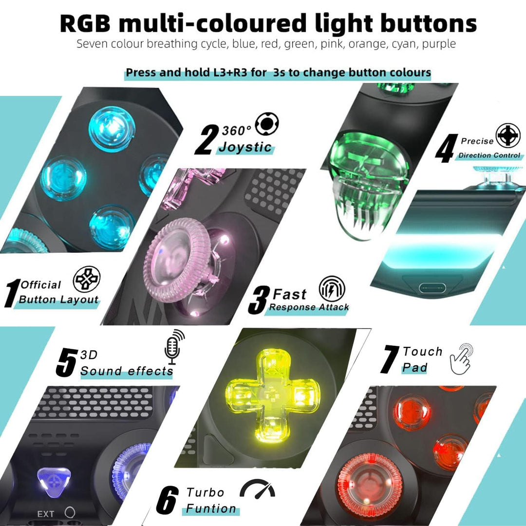 Bonacell 2 Pack Wireless Controller für PS4/Pro/Slim/PC, mit RGB Lighting, Turbo, Dual Vibration, 6-