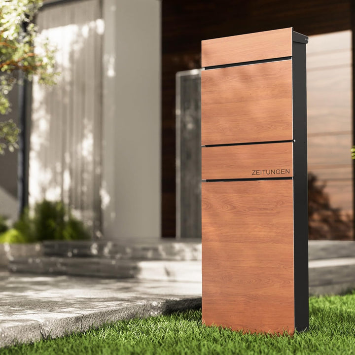 Wiltec Standbriefkasten mit Zeitungsrolle in Holzoptik 395 x 142 x 1150 mm aus Stahl, Briefkasten mi