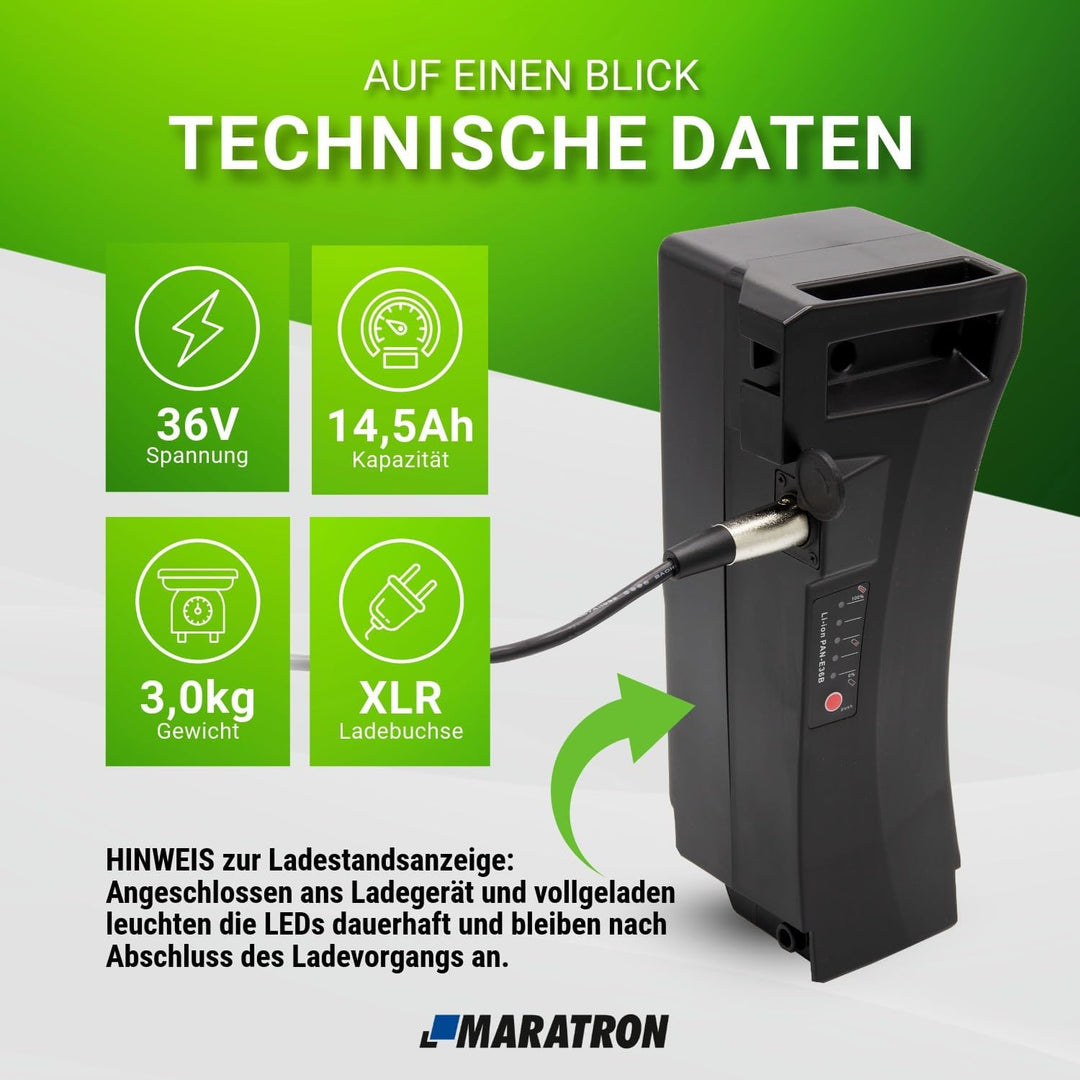 Maratron E-Bike Akku 36V 14,5Ah (520Wh) mit XLR-Buchse für Impulse, DerbyCycle, Raleigh, Kalkhoff Ga