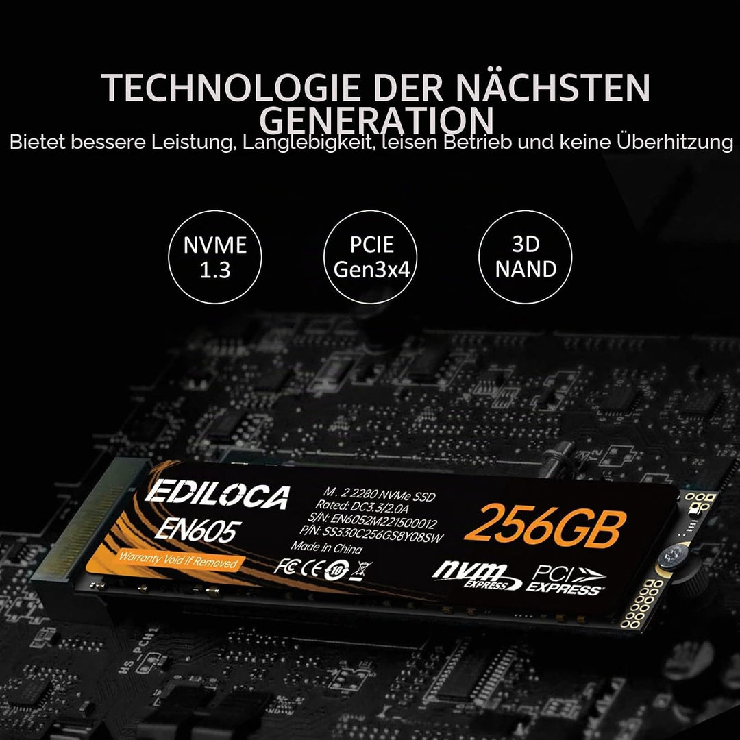 Ediloca EN605 256GB M.2 SSD, NVMe1.3 PCIe Gen3 x4 SSD 3D NAND TLC Interne Festplatte, M.2 2280 - Les