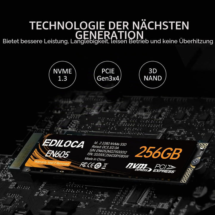 Ediloca EN605 256GB M.2 SSD, NVMe1.3 PCIe Gen3 x4 SSD 3D NAND TLC Interne Festplatte, M.2 2280 - Les