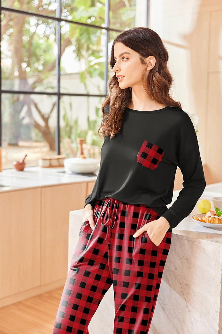 Ekouaer Schlafanzug Damen Lang Zweiteiler Pyjama Langarm Warm Pyjama Set Weich Nachtwäsche Kariert,