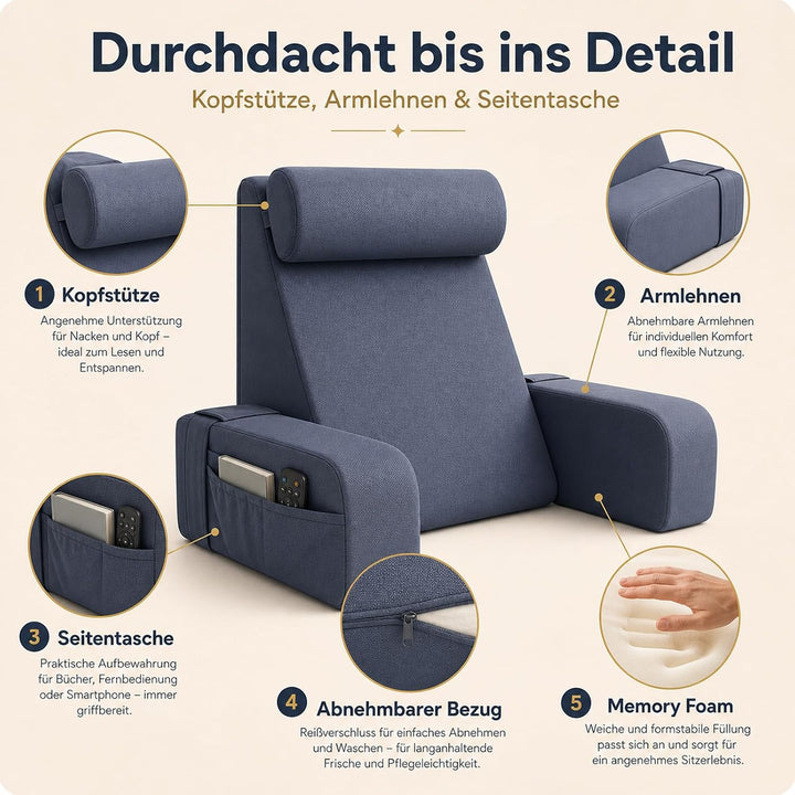 Lesekissen für Bett und Sofa, Ergonomisches Rückenkissen mit kühlendem Eisseide-Bezug, Memoryschaum,