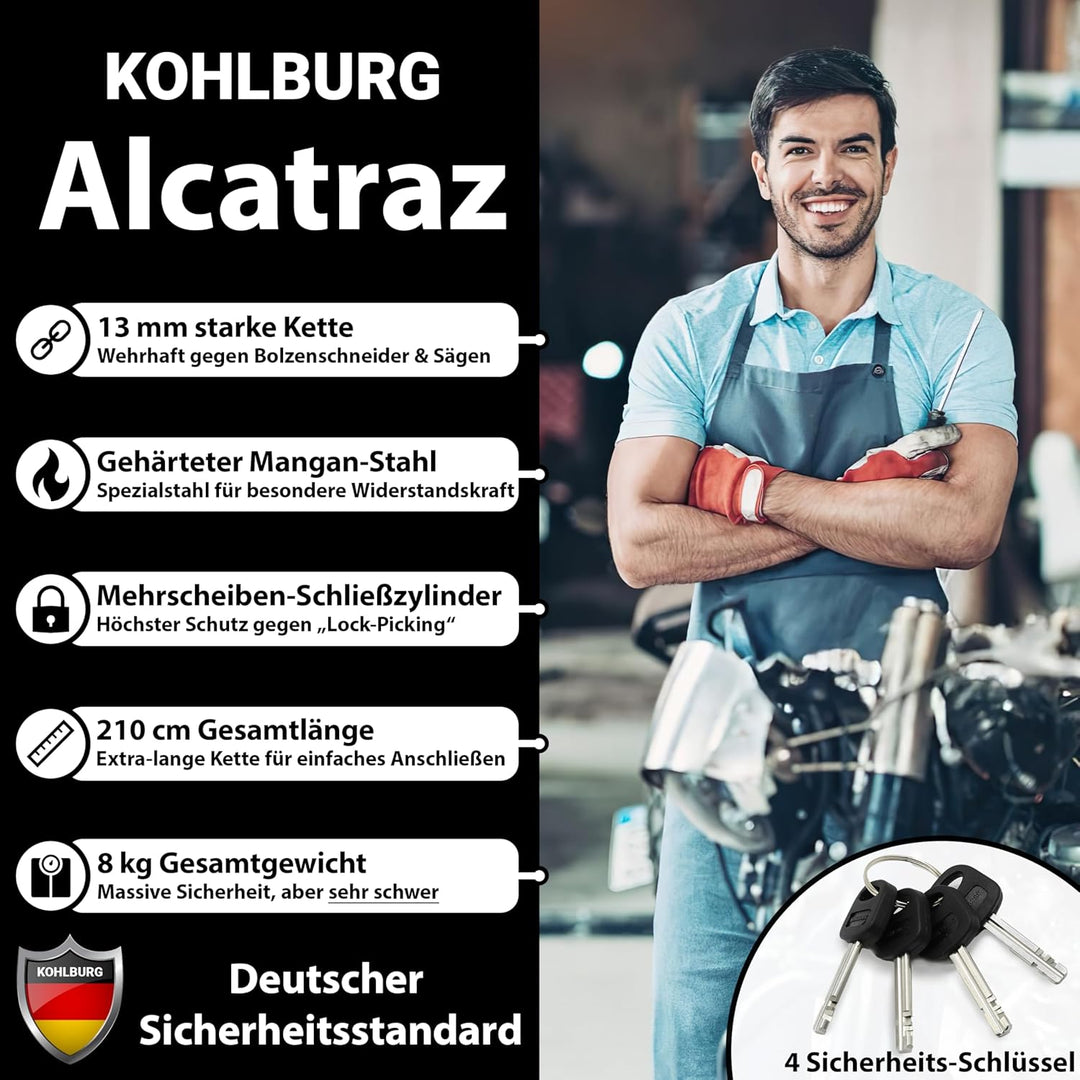 KOHLBURG 8kg massives 210cm VdS Sicherheits- Motorradschloss Typ Alcatraz, 13mm Spezialstahl-Kette,