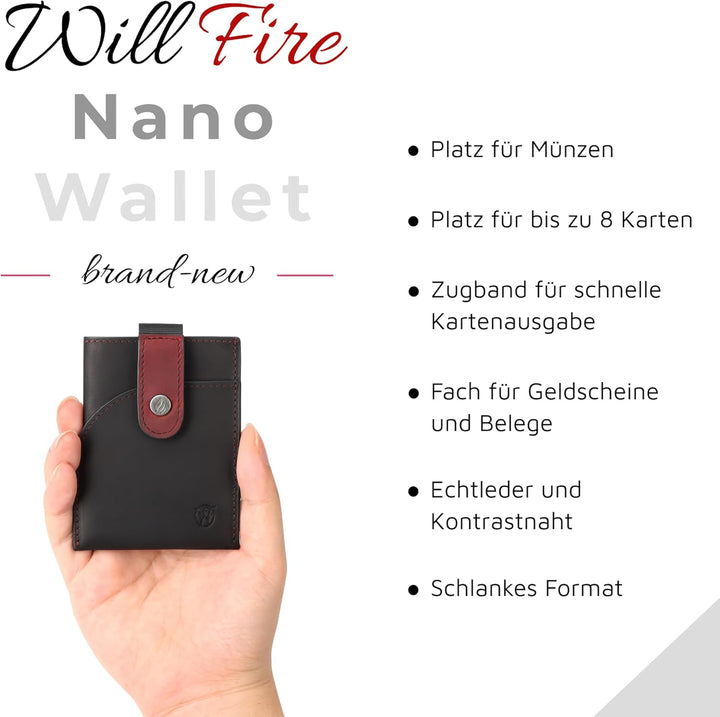 Will Fire® Nano Wallet | Minimal Slim Wallet | Mini Geldbörse Herren &amp; Damen klein | Leder Portmonee