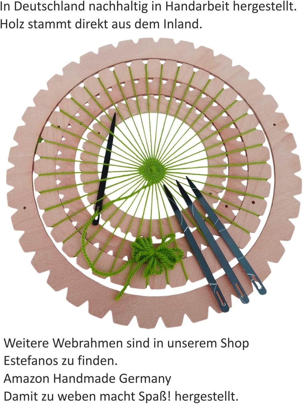 Webrahmen rund – 4 im Set - 1x bespannt - für Kinder und Erwachsene – Webstuhl für Kinder– 4x Webnad