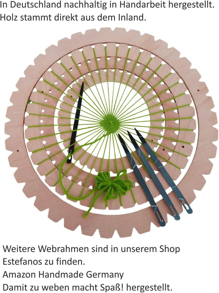 Webrahmen rund – 4 im Set - 1x bespannt - für Kinder und Erwachsene – Webstuhl für Kinder– 4x Webnad