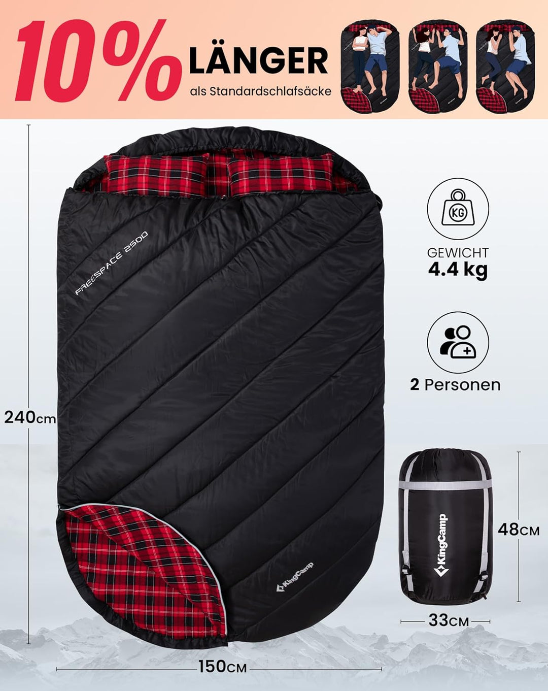 KingCamp Doppelschlafsack Baumwolle Flanell Winter Schlafsack 2 Personen Warmer Deckenschlafsack 3-4