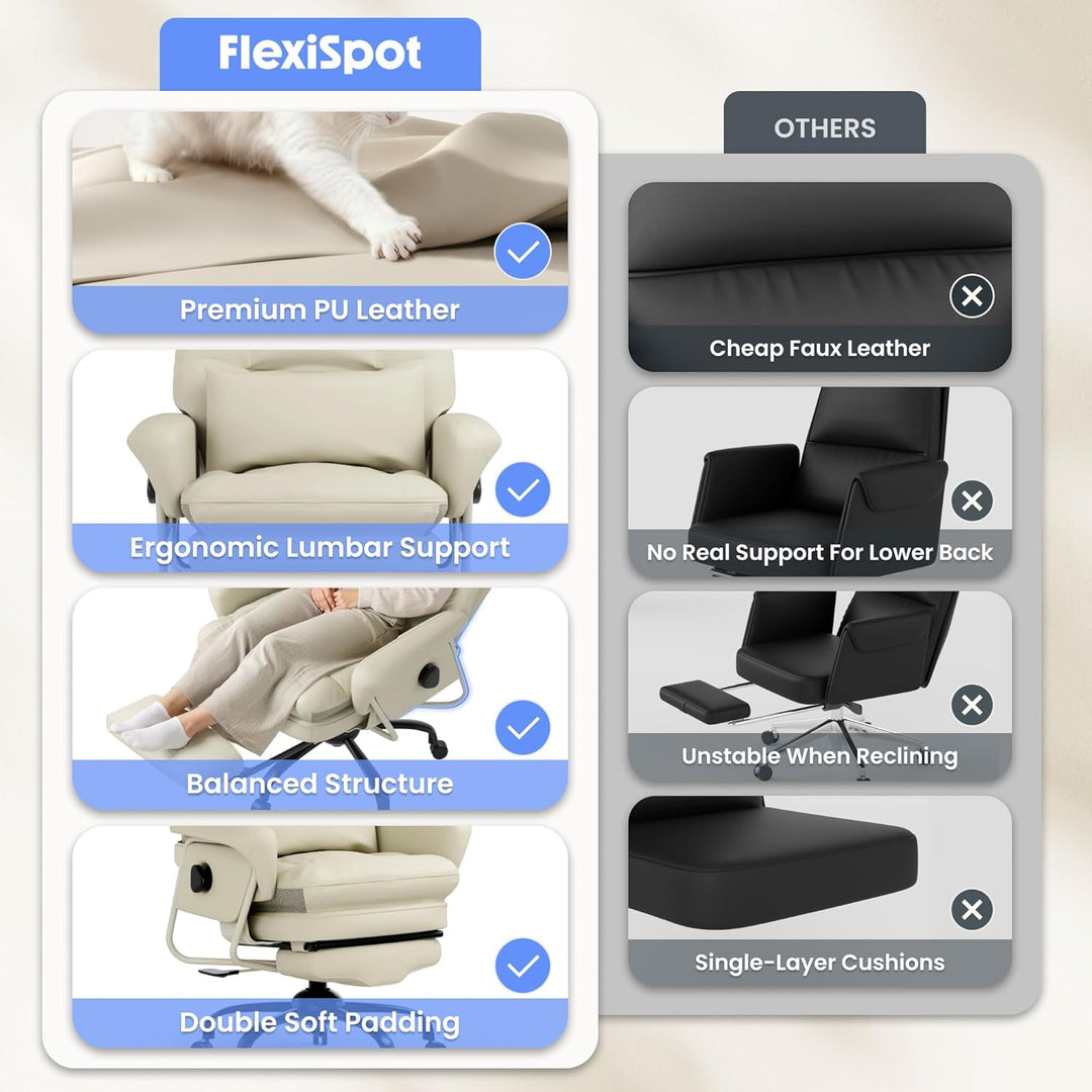 FLEXISPOT Ergonomischer Bürostuhl mit Fussstütze Chefsessel mit 160° Liegefunktion, Dickem PU-Komfor