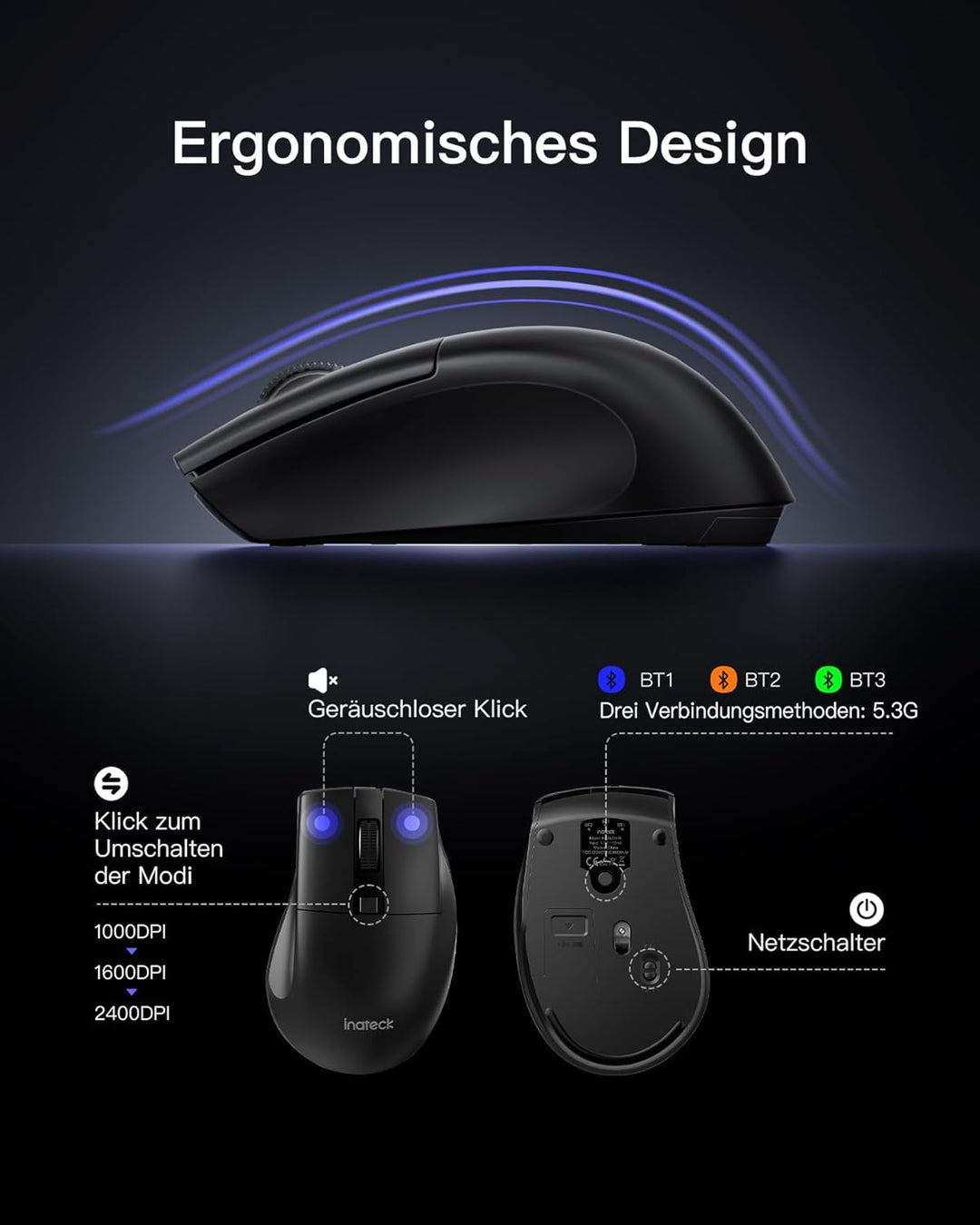 Inateck Tastatur Maus Set Kabellos,Funktastatur QWERTZ in voller Grösse,3 Bluetooth,mit Handballenau