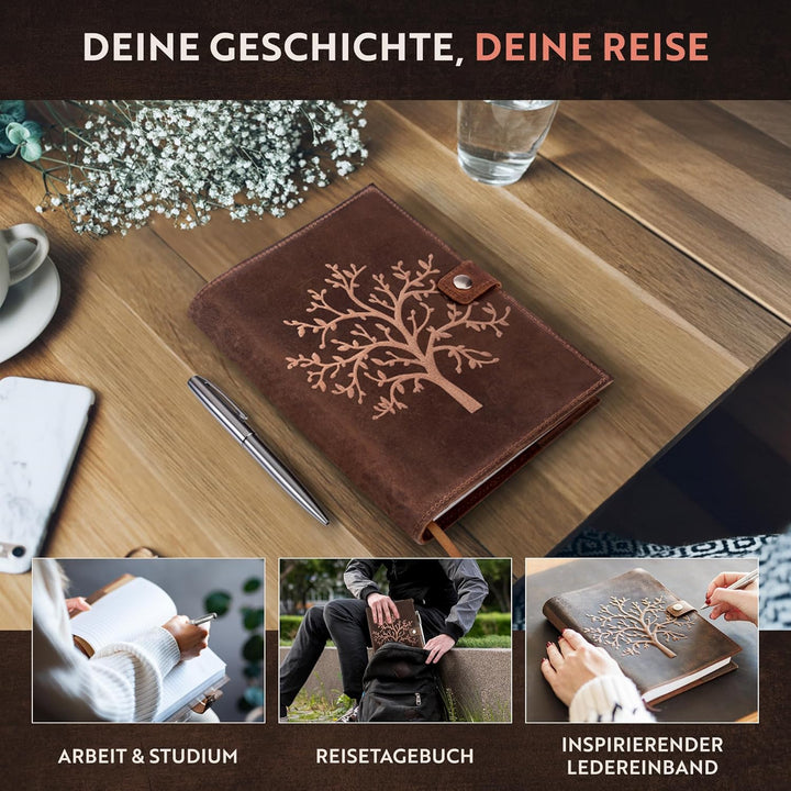 Nachfüllbares Leder Notizbuch - Mit Lebensbaum Prägung - Handgefertigtes Skizzenbuch aus Echtem Lede