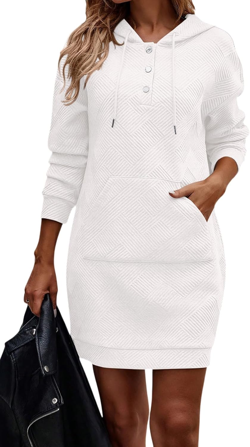 TrendiMax Damen Hoodie Kleid Herbst Übergangs Kapuzenpullover Sweatkleid Textur Knopf Langarm Sweats