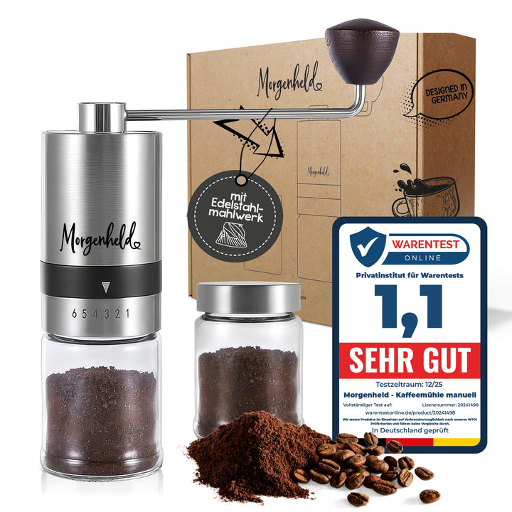 Kaffeemühle manuell aus Edelstahl 2 Glas Behälter – 6 Mahlgrade (Espresso bis Cold Brew) – Handkaffe