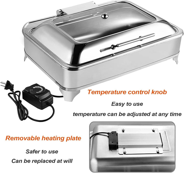 Chafing Dish Elektrisch, 9L Speisewärmer Edelstahl Buffetwärmer mit Sichtbarer Abdeckung, Chafing Di