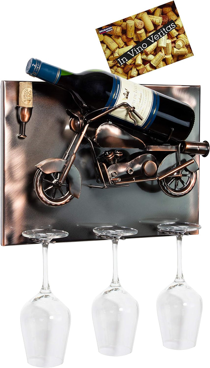 Brubaker Weinflaschenhalter Motorrad - Wall Art Bild Metall - mit 3 Glashaltern - inklusive Grusskar