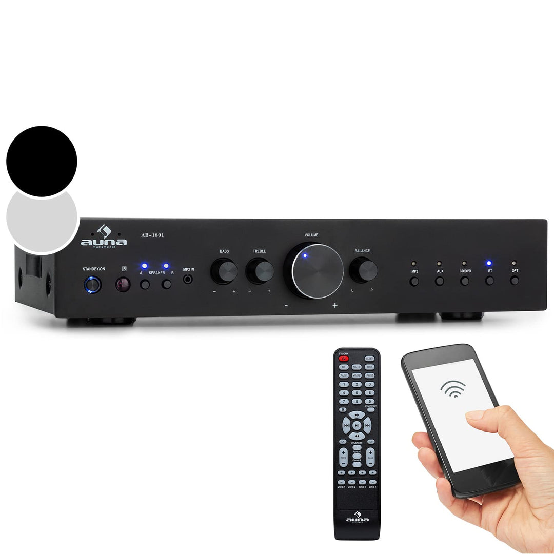 Auna Verstärker, HiFi Stereo Mini Verstärker, HiFi-Verstärker mit Bass & Treble Regler, 2 Kanal Audi