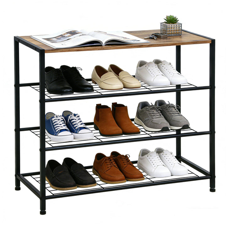 Schuhregal, Schuhregal 4 Ebenen mit Sitzgelegenheit, Metall-Schuhablage für Kleiderschrank, Flur, Ei